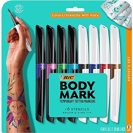 BIC BodyMark Temporary Tattoo Markers for Skin, Artist's Set, Mixed Tip, 8-Count Pack of Assorted Colors, Skin-Safe*, Cosmetic Quality (MTBXP81-A-AST)