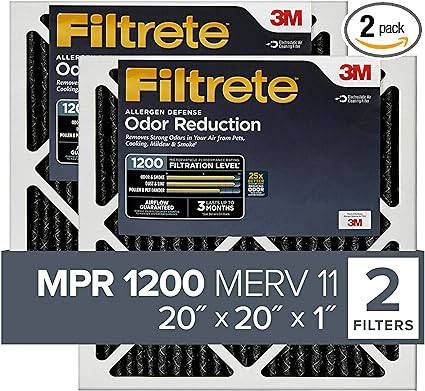 Filtrete 20x20x1 Air Filter, MPR 1200, MERV 11, Allergen Defense Odor Reduction 3-Month Pleated 1-Inch Air Filters, 2 Filters