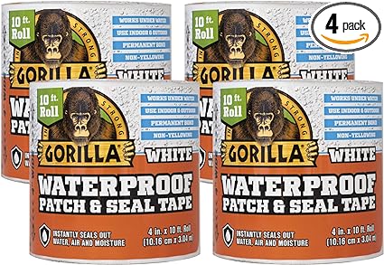 Gorilla Waterproof Patch & Seal Tape 4" x 10' White, (Pack of 4)