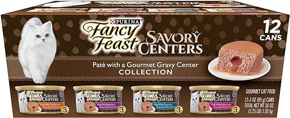 Purina Fancy Feast Pate Wet Cat Food Variety Pack, Savory Centers Pate with a Gravy Center - (12) 3 oz. Pull-Top Cans