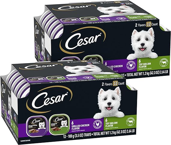 CESAR Wet Dog Food Classic Loaf in Sauce Top Sirloin & Grilled Chicken Flavors Variety Pack, (24) 3.5 oz. Easy Peel Trays , 12 Count (Pack of 2)