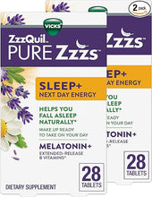 Load image into Gallery viewer, ZzzQuil Vicks Pure Zzzs Sleep+ Next Day Energy Extended Release Tablets, Immediate Release Melatonin, Extended Release B-Vitamins B1, B6, B12, Wake Up Ready to Take on The Day, Count 2x28