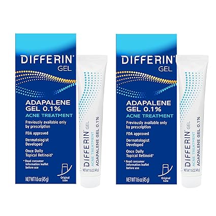 Differin Acne Treatment Gel, 180 Day Supply, Retinoid Treatment for Face with 0.1% Adapalene, Gentle Skin Care for Acne Prone Sensitive Skin, 45g Tube, Pack of 2 (Packaging May Vary)