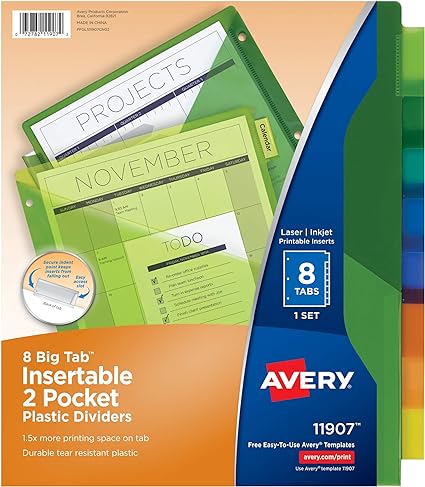 Avery Big Tab Insertable Two-Pocket Plastic Dividers, 8 Multicolor Tabs, Case Pack of 24 Sets (11907)