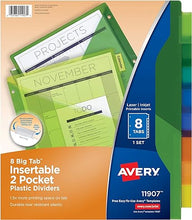 Load image into Gallery viewer, Avery Big Tab Insertable Two-Pocket Plastic Dividers, 8 Multicolor Tabs, Case Pack of 24 Sets (11907)