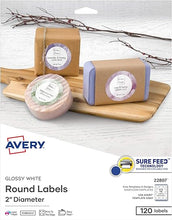 Load image into Gallery viewer, Avery Printable Round Labels with Sure Feed, 2&quot; Diameter, Glossy White, 600 Customizable Labels (22807)