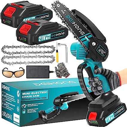 Mini Chainsaw 6-Inch with 2 Battery, Cordless power chain saws with Security Lock, Handheld Small Chainsaw for Wood Cutting Tree Trimming