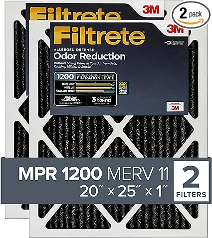 Filtrete 20x25x1 Air Filter, MPR 1200, MERV 11, Allergen Defense Odor Reduction 3-Month Pleated 1-Inch Air Filters, 2 Filters