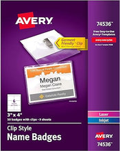 Load image into Gallery viewer, Avery Clip Name Tags, Print or Write, 3&quot; x 4&quot;, 50 Inserts &amp; Badge Holders with Clips (74536)