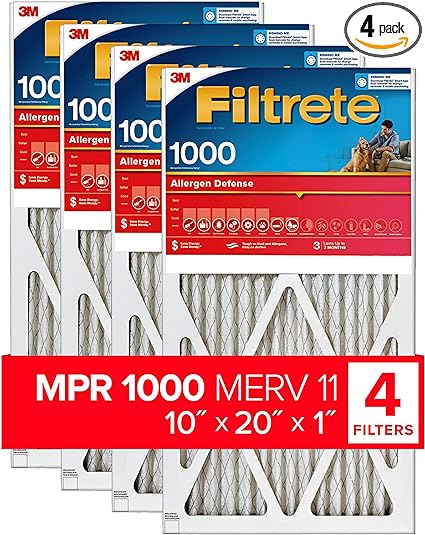 Filtrete 10x20x1 Air Filter, MPR 1000, MERV 11, Micro Allergen Defense 3-Month Pleated 1-Inch Air Filters, 4 Filters