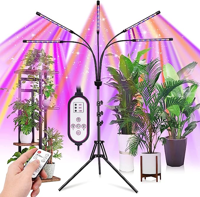KEELIXIN Grow Lights for Indoor Plants,5 Heads Red Blue White Full Spectrum Plant Light with 15-60" Adjustable Tripod Stand, Indoor Grow Lamp with Remote Control and Auto On/ Off Timer Function