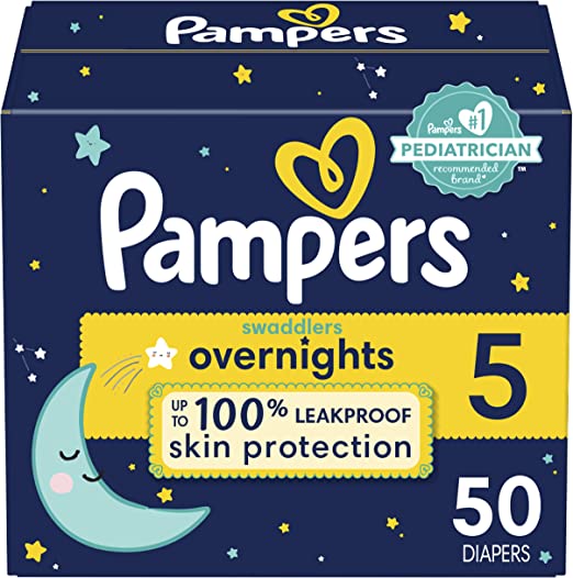 Diapers Size 5, 50 Count - Pampers Swaddlers Overnights Disposable Baby Diapers, Super Pack (Packaging & Prints May Vary)
