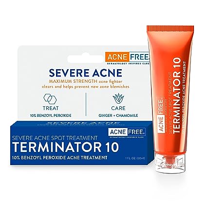 AcneFree Terminator 10 Acne Spot Treatment with Benzoyl Peroxide 10% Maximum Strength Acne Cream Treatment, 1 Ounce - Pack Of 1