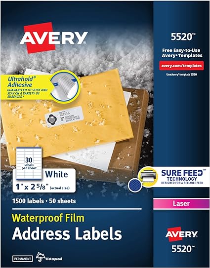 Avery Waterproof Printable Address Labels with Sure Feed, 1" x 2-5/8", White, 1,500 Blank Mailing Labels (5520)