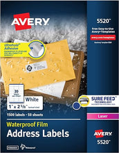 Load image into Gallery viewer, Avery Waterproof Printable Address Labels with Sure Feed, 1&quot; x 2-5/8&quot;, White, 1,500 Blank Mailing Labels (5520)