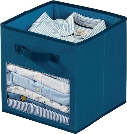 iDesign Emmy Fabric Storage Cube Bin, Small Basket Container with Dual Side Handles for Closet, Bedroom, Toys, Nursery - Blue