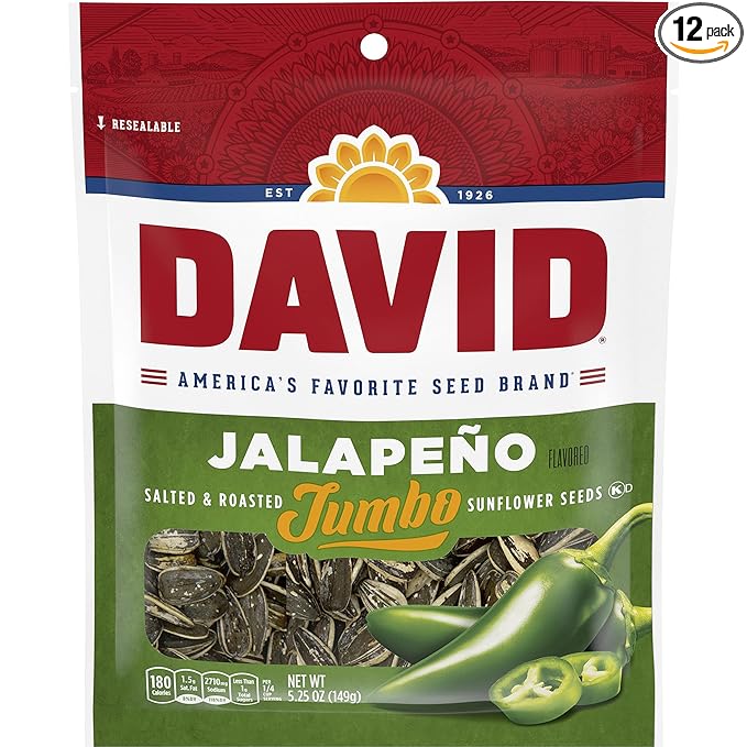 DAVID Roasted and Salted Jumbo Sunflower Seeds, Jalapeño, 5.25 Ounce (Pack of 12)