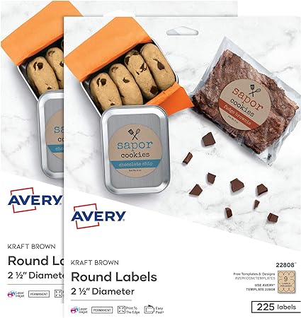 Avery Printable Round Labels, 2.5" Diameter, Kraft Brown, 2 Pack, 450 Customizable Labels Total (5639)