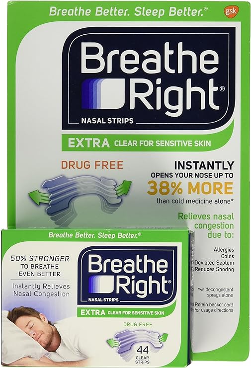 Breathe Right Extra Clear Nasal Strips Drug Free Sensitive (44 Extra Clear Strips (Sensitive Skin))