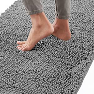 Gorilla Grip Bath Rug, Thick Soft Absorbent Chenille Rubber Backing Bathroom Rugs, Microfiber Dries Quickly, Shaggy Machine Washable Mats, Plush Durable Rug, Bathtub and Shower Floor, 24x17, Grey