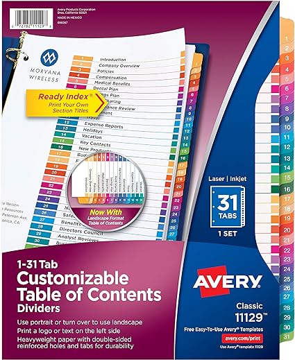 Avery 31-Tab Dividers for 3 Ring Binders, Customizable Table of Contents, Multicolor Tabs, 12 Sets (11129)