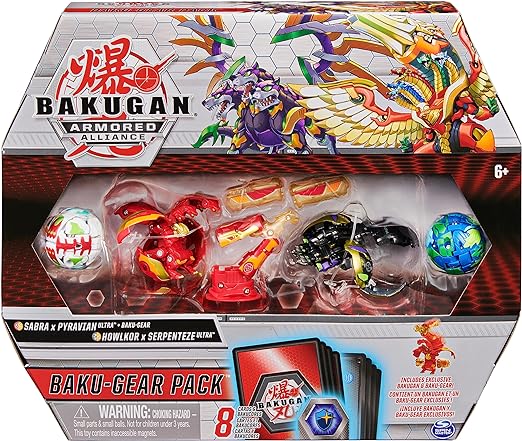 Bakugan Baku-Gear 4-Pack, Fused Sabra x Pyravian Ultra with Baku-Gear and Howlkor x Serpenteze Ultra Collectible Action Figures