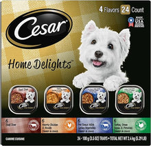 Load image into Gallery viewer, CESAR HOME DELIGHTS Adult Wet Dog Food Pot Roast &amp; Vegetable, Beef Stew, Turkey Potato &amp; Green Bean, and Hearth Chicken &amp; Noodle Variety Pack, 3.5 oz. Easy Peel Trays, Pack of 24