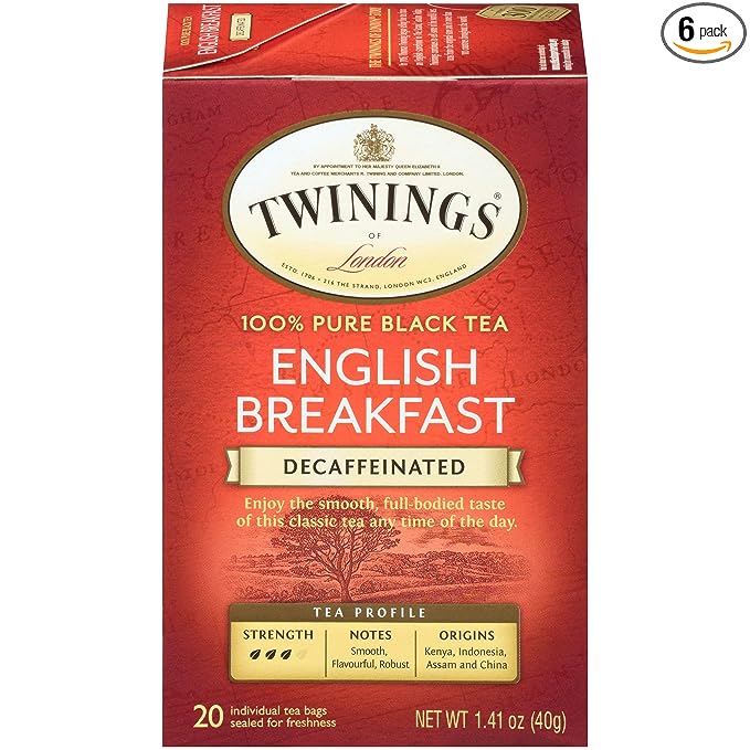 Twinings Decaffeinated English Breakfast Individually Wrapped Black Tea Bags, 20 Count Pack of 6, Flavourful & Robust