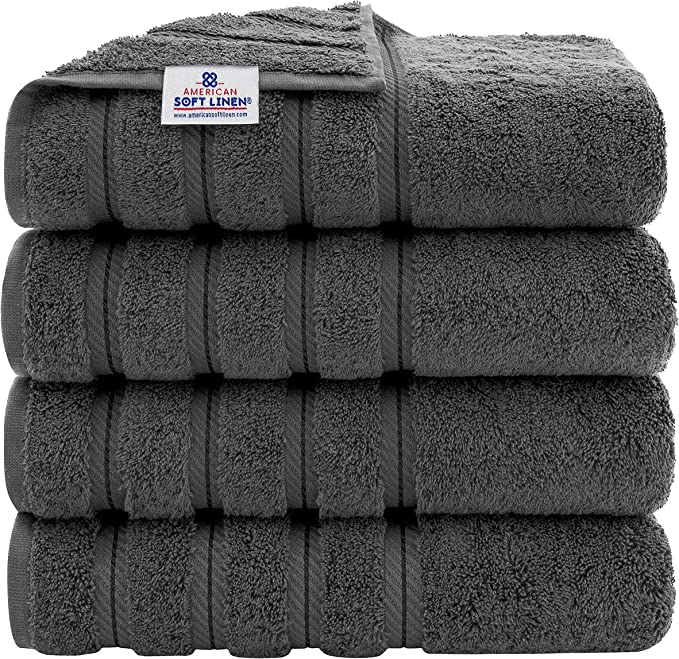 American Soft Linen Luxury 4 Piece Bath Towel Set, 100% Turkish Cotton Bath Towels for Bathroom, 27x54 in Extra Large Bath Towels 4-Pack, Bathroom Shower Towels, Grey Bath Towels